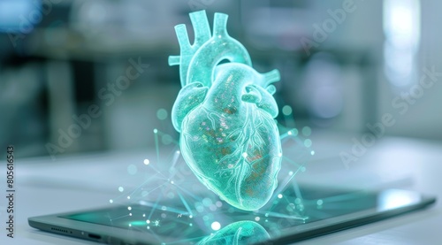 Digital hologram of human heart on digital tablet, concept for medical technology and health care research in hospital