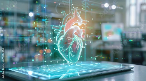 Digital hologram of human heart on digital tablet, concept for medical technology and health care research in hospital