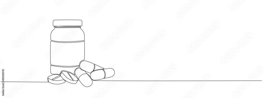 One continuous line drawing of tablets and capsules in plastic jar . Pharmaceutical drugs, medical supplies, vitamins, antibiotics in simple linear style. One continuous line drawing of tablets and capsules in plastic jar . Pharmaceutical drugs, medical supplies, vitamins, antibiotics in simple linear style.