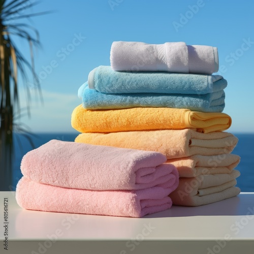 Colorful towels stacked on a table with ocean view