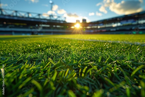 This close-up image showcases the fresh morning dew on vibrant grass blades with a sports stadium in the background
