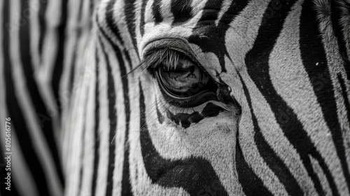Black and white photo of a zebra s eye  closeup  focusing on the vertical stripes that form its distinctive pattern. The high contrast between black fur and bright eyes creates an elegant composition