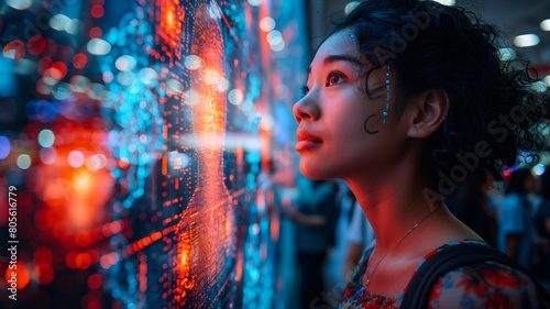 Portrait of beautiful asian woman with curly hair with neural network thinks around her head on pink and blue background. Artificial intelligence and technology concept