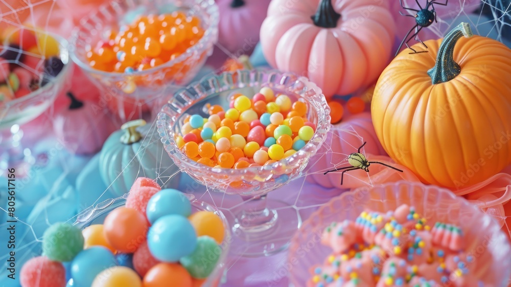 Bright and lively Halloween candy buffet, featuring a spectrum of colorful candies in crystal bowls, pumpkins painted in pastel shades, with whimsical spiders and iridescent webs adorning the setting Bright and lively Halloween candy buffet, featuring a spectrum of colorful candies in crystal bowls, pumpkins painted in pastel shades, with whimsical spiders and iridescent webs adorning the setting