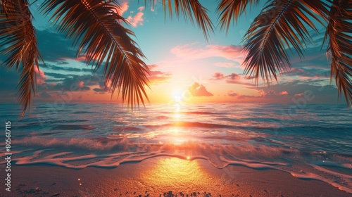 sunset scenery, the sunset dyes the sky in shades of orange and pink, illuminating palm trees with a warm glow against the ocean backdrop