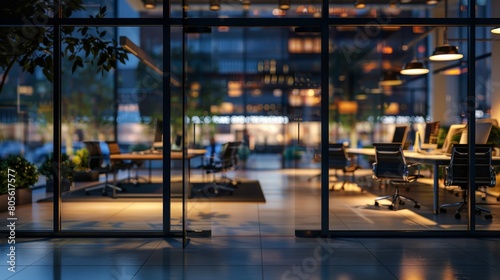 Modern office interior with glass walls and panoramic windows, high-tech design, desks and computers for work, blurred background of an outdoor city street in the evening. photo