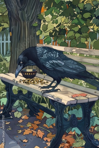 A crow stealing shiny objects from a park bench, storybook illustration --ar 2:3 --v 6 Job ID: bfcfd1ab-74e1-4f3a-a7d3-4a2e22f94963 photo