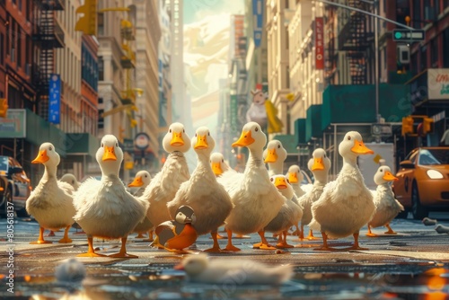 A group of ducks waddling through a busy city street, storybook illustration --ar 3:2 --v 6 Job ID: 9018b29e-a695-4088-bb50-12be2505c550 photo
