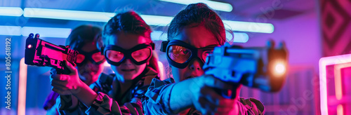 Photo of three kids playing laser tag in an indoor space, wearing goggles and holding laser guns, pink blue and purple lighting, neon lights, a cool pose