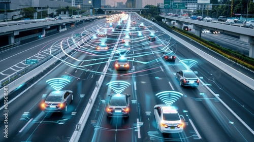 Self driving cars on highway with data and connecting car throughframe, technology concept, digital connections and vehicle to machine control system in city traffic for own driver.