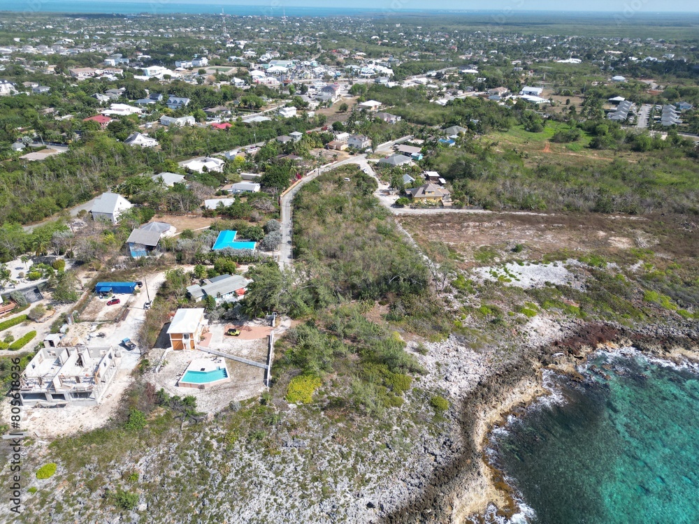 Aerial view of Bodden Town Pedro St James Savannah with iron shore community pristine blue turquoise water of the Caribbean sea ocean, Grand Cayman, Cayman Islands