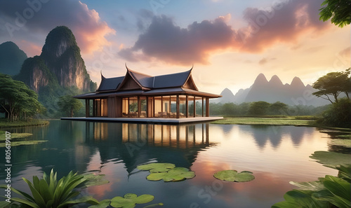 Wooden house on the shore of the lake with mountains as a backdrop