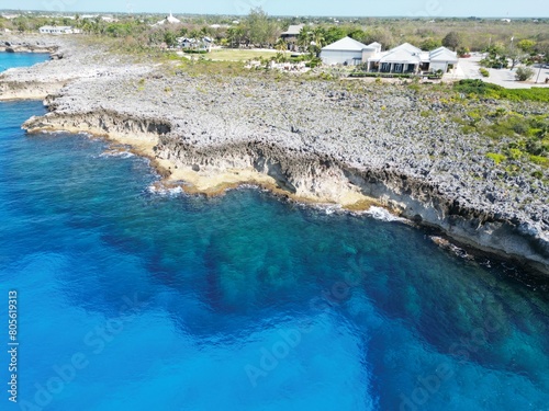 Aerial view of Bodden Town Pedro St James Savannah with iron shore community pristine blue turquoise water of the Caribbean sea ocean, Grand Cayman, Cayman Islands