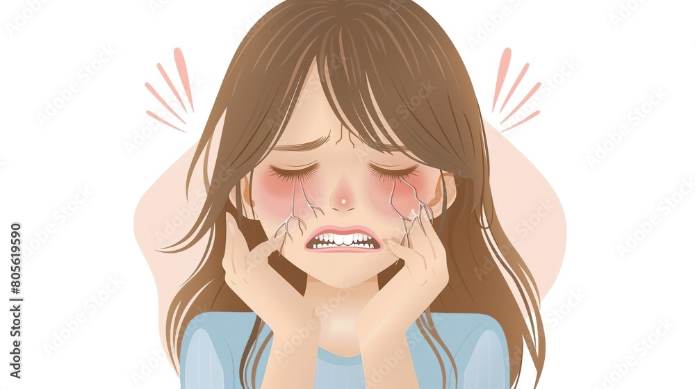 A young woman with long brown hair is holding her face in pain. Her eyes are red and watery, and her cheeks are flushed. She looks like she is in a lot of pain and discomfort. A young woman with long brown hair is holding her face in pain. Her eyes are red and watery, and her cheeks are flushed. She looks like she is in a lot of pain and discomfort.