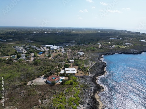 Aerial view of Bodden Town Pedro St James Savannah with iron shore community pristine blue turquoise water of the Caribbean sea ocean, Grand Cayman, Cayman Islands