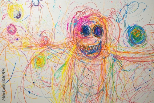 The hand drawing colourful picture of the human that has been drawn by colored pencil, crayon or chalk on the white blank background that seem to be drawn by the child that willing to draw. AIGX01. photo
