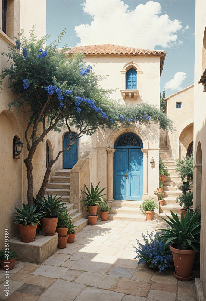Naklejka premium A Mediterranean-style courtyard with a tiled roof , arched doorways , potted plants , and a blue door