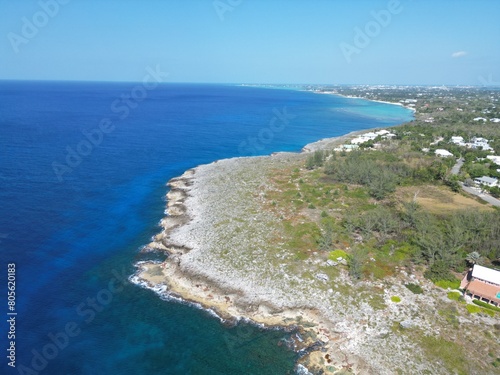 Aerial view of Bodden Town Pedro St James Savannah with iron shore community pristine blue turquoise water of the Caribbean sea ocean, Grand Cayman, Cayman Islands