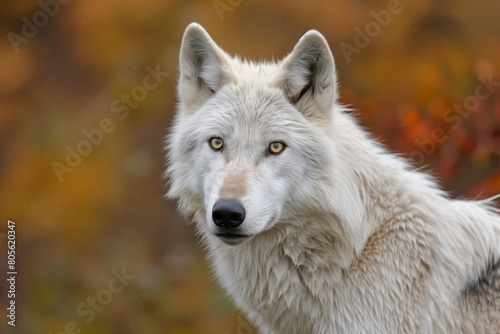 Portrait of an arctic wolf, with white fur and hints of gray, piercing eyes, set against autumn foliage