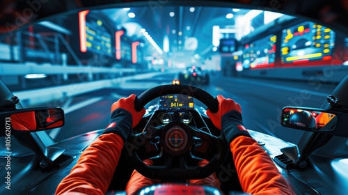 Professional racing car driver driving surrounded with panel while holding car steering wheel with blurring background. Hand on the wheel and driving high speed. First person point of view. AIG42. photo