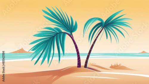 stylized palm tree on the sand in a minimalist style.decoration and background.relaxation and travel concept photo
