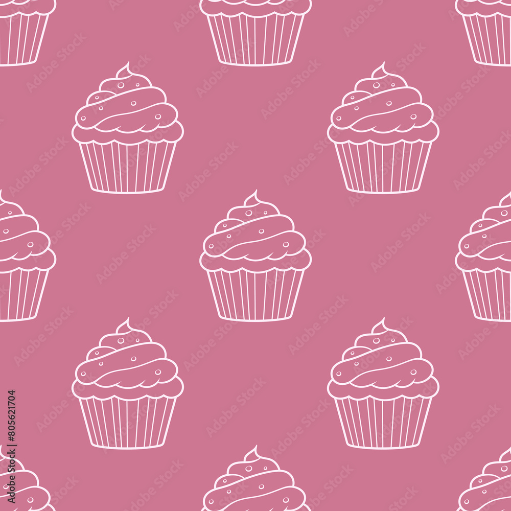 Cute pattern with sweet cupcakes on a pink background.Doodle background Cute pattern with sweet cupcakes on a pink background.Doodle background
