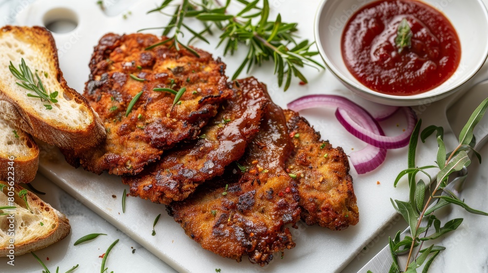 Crispy fried seitan cutlets with ketchup and fresh herbs on white plate