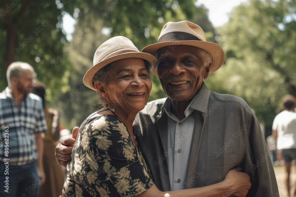 Elderly African American couple smiling in park, wearing hats and embracing, conveying joy and togetherness.