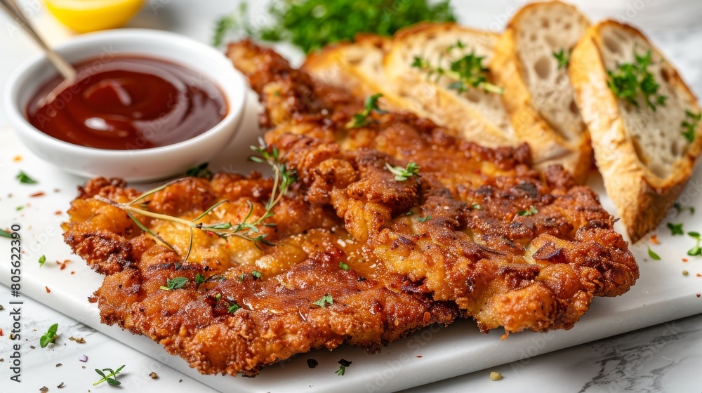 Crispy breaded seitan cutlet served with toast and sauce on elegant plate Crispy breaded seitan cutlet served with toast and sauce on elegant plate