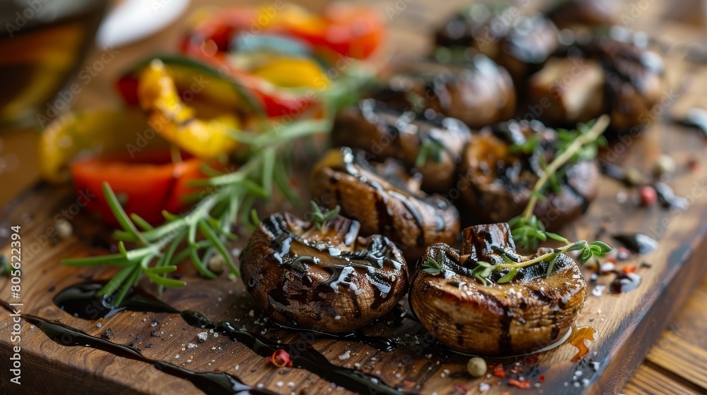 Gourmet grilled mushrooms with fresh herbs and colorful peppers on wooden board Gourmet grilled mushrooms with fresh herbs and colorful peppers on wooden board