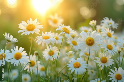 Chamomiles or daisies bloom in a field. Background with selective focus and copy space