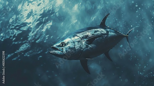 Digital art of a single tuna against a deep blue ocean backdrop