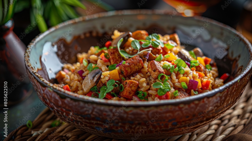 Delectable spicy tempeh and vegetable kung pao stir fry in rustic bowl Delectable spicy tempeh and vegetable kung pao stir fry in rustic bowl