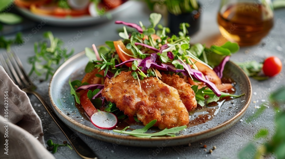 Gourmet breaded chicken cutlet on plate with fresh salad and dressing Gourmet breaded chicken cutlet on plate with fresh salad and dressing