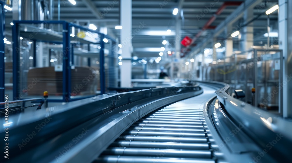Modern conveyor belt system in industrial warehouse