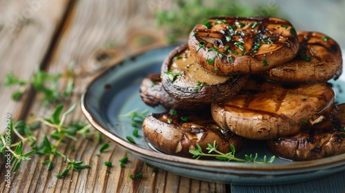 Grilled portobello mushrooms on rustic wooden background