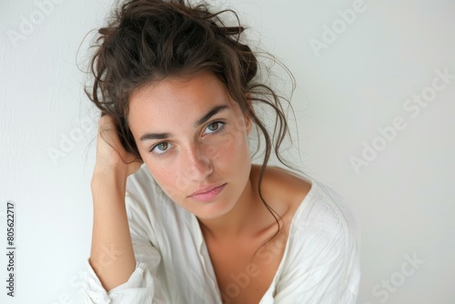Close-up portrait of young Italian woman with tousled hair and natural look, white background.