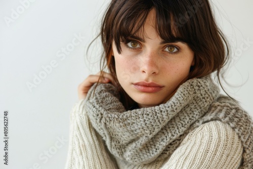 Close-up of a young woman in a cozy sweater and scarf in scandy style, with an engaging, direct gaze.