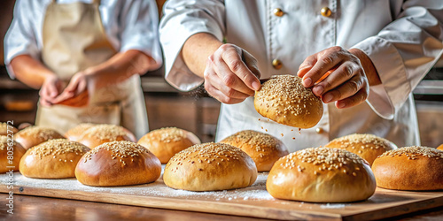 Baker at work, kneading the dough and shaping the buns, spreading and sprinkling with sesame seeds