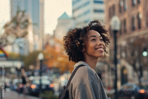 Joyful young African American woman in urban setting with autumn backdrop, lifestyle and travel themes.