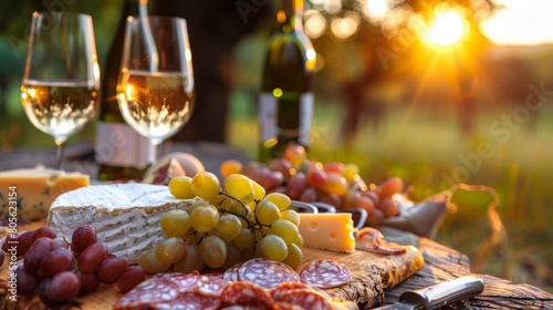 Wine glasses and bottles with assorted cheeses and meats on wooden board outdoors at sunset