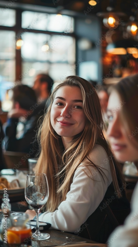 A woman is sitting at a table with a glass of wine in front of her