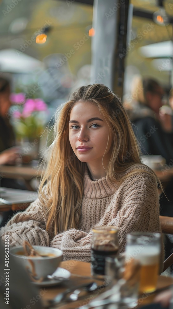 A woman is sitting at a table in a restaurant, looking at the camera A woman is sitting at a table in a restaurant, looking at the camera