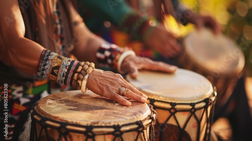 Close-up of vibrant hands playing drums in a cultural music setting