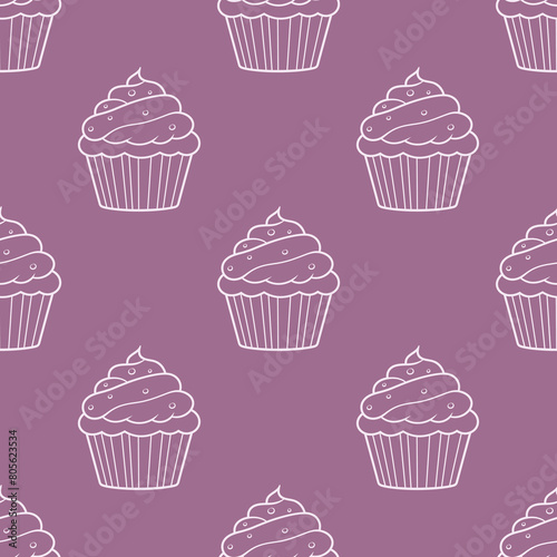 Cute pattern with sweet cupcakes on a beige background.Doodle background
