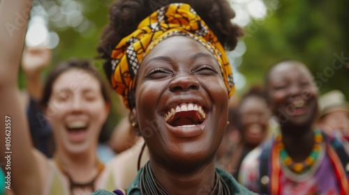 Happy African woman celebrating at an outdoor festival. Candid close-up portrait. Cultural diversity and joy concept