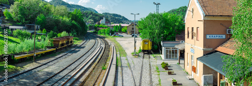 Overview of train station at Krapina, as viewed from the pedestrian overpass. Croatian train station of Krapina during the renovation works photo