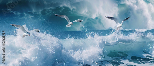Majestic seagulls glide effortlessly high above turbulent ocean waves in a stunning display of elegance. © Szalai