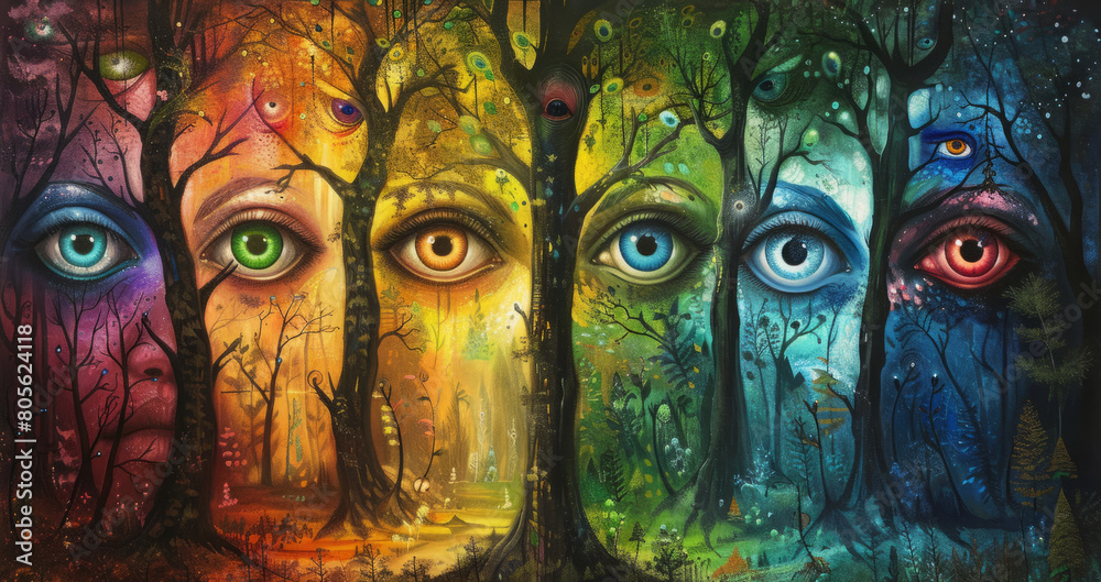 psychedelic forest eyes, the forests rainbow-hued eyes create a psychedelic vision, symbolizing altered consciousness and hallucinations