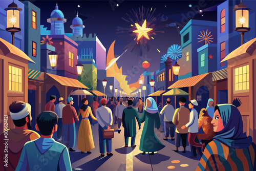 Illustration of a vibrant street festival in a Middle Eastern town with people of various ages and colorful clothing gathering under lanterns and bunting, with fireworks exploding in the dusk sky.